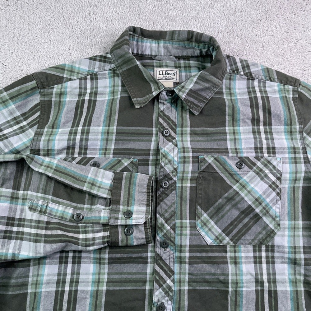 LL Bean Shirt Mens Large Green Plaid โ Long Sleeve Twill Work Outdoor Gorpcore